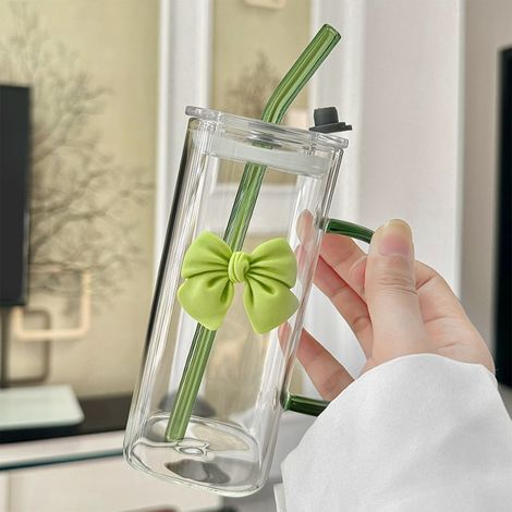 Verre À Boisson En Verre - 400 ml - Avec Poignée Et Couvercle - Paille En Verre Incluse - Décoration Papillon Détachable - 1 Pièce (1/5)