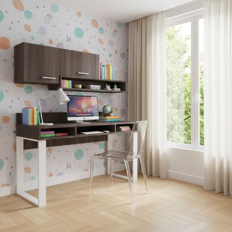 Scrivania con pensili design moderno e libreria sospesa - Angolo studio completo - Olmo jerez scuro