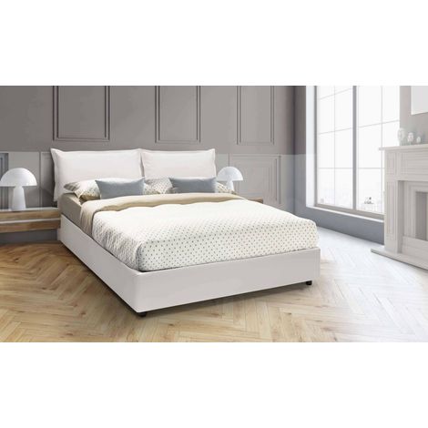 Dmora - Cama matrimonial Dmurgit, Cama contenedor con tapizado en ecopiel, 100% Made in Italy, Apertura frontal, adecuado para colchón 160x190 cm, Blanco (1/5)