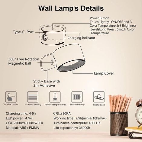 Lampe murale LED rechargeable sur batterie avec port USB équipée de 3 températures de couleur, 3 niveaux de luminosité et d'une boule magnétique rot (1/5)