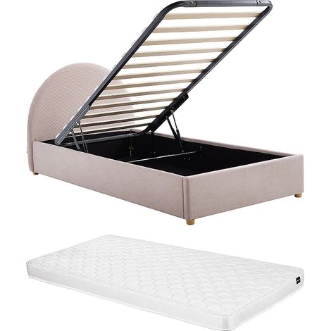 Lit coffre 90 x 190 cm - Velours côtelé - Rose + Matelas - LIRIMO (1/5)