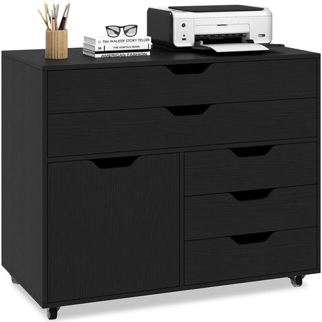 COSTWAY Contenitore con rotelle con 5 cassetti e armadio, schedario mobile con rotelle, cassettiera con piano di lavoro, carrello contenitore da ufficio in legno per la casa, lufficio (nero, 77,5 x 40 (1/5)