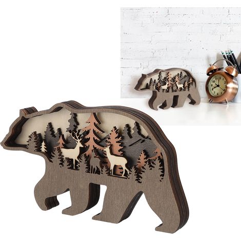 Sculptures d'animaux en bois, notamment des figurines d'ours et de cerfs, des ornements d'animaux de la forêt, des sculptures en bois à plusieurs couches, des décorations pour le bureau et la maison, (1/5)