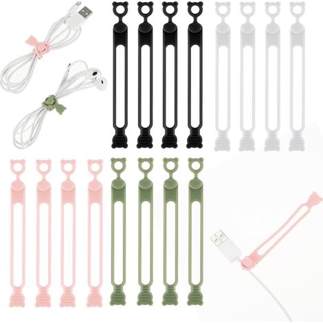 Lot de 16 attaches de câble en silicone, 4 couleurs, réutilisables, pour écouteurs, chargeur de téléphone, câble audio et ordinateur. (1/5)