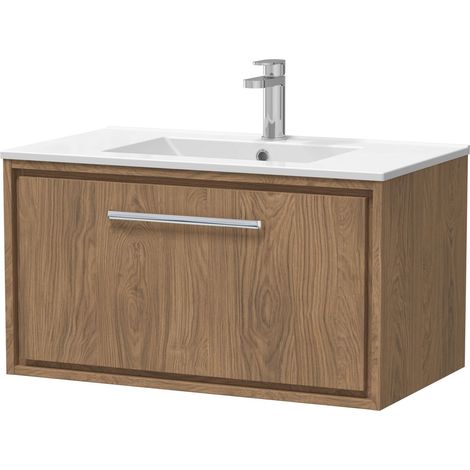 Longnor 1 Drawer Wall Hung Vanity Unit with 1 Tap Hole Minimalist Basin, Antique Oak, 800mm