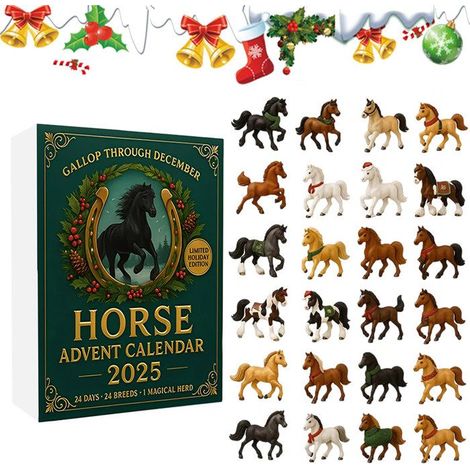 Calendrier de l'Avent Cheval, Compte à Rebours de Noël de 24 jours avec 24 Décorations de Noël Différentes, Cadeau Surprise de Noël