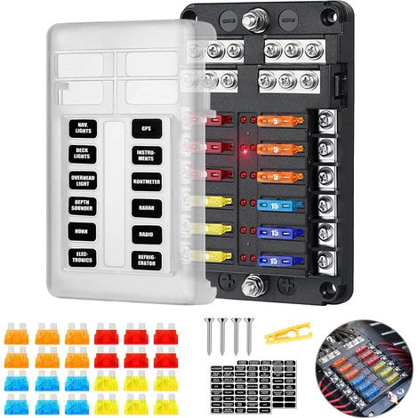 Portafusibles de 12 ranuras ATC/ATO 12V/24V CC 100A con 16 fusibles e indicador LED para coche, barco, camión, autocaravana, furgoneta. (1/4)