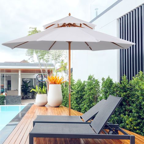 Parasol bois jardin double auvent, blanc