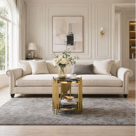 Table d'appoint ronde 2 niveaux 40x40x55 cm noire et dorée en verre trempé et acier inoxydable, design compact (1/5)