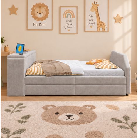 Litera 90/200 cm gris en terciopelo con escritorio, USB y cama nido extraíble (1/5)