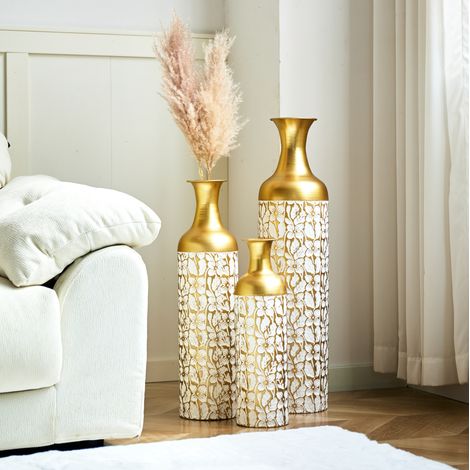 Vase de sol set de 3 en métal, or et blanc, 50/66/85 cm, motif floral HAVRYA (1/5)