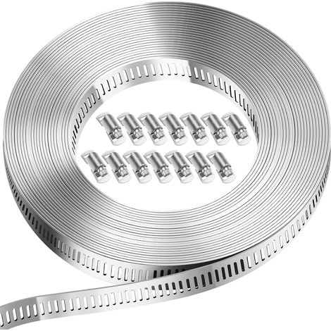 Colliers de serrage de 5 mètres avec 12 clips, inoxydable 304 Colliers de serrage pour piscine, tuyau de gaz maison, jardin (1/5)