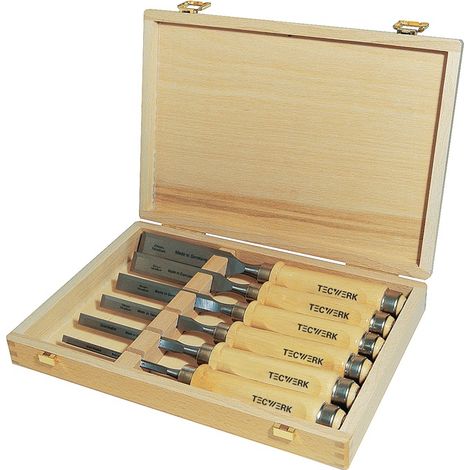TECWERK Stechbeitelsatz 6,10,12,16,20,26mm Weißbuchenh.Ulmer Form 6-tlg.HO-Kasten TW