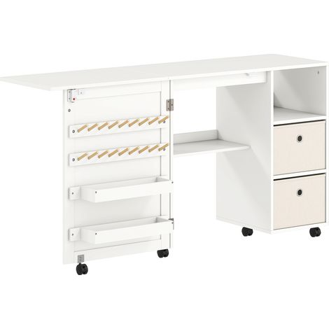 Mesa de costura plegable con 6 ruedas, 18 chinchetas, 2 cajones para tela y 3 compartimentos, color blanco