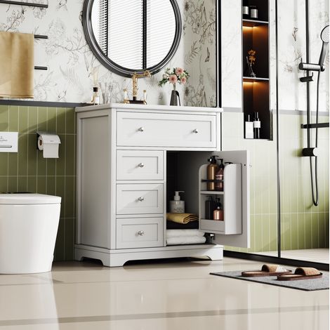 Meuble vasque salle de bain 76x46x87 cm blanc avec 3 tiroirs silencieux, porte, abattant et lavabo céramique intégré, MDF résistant à l'humidité - CHICFURN (1/5)