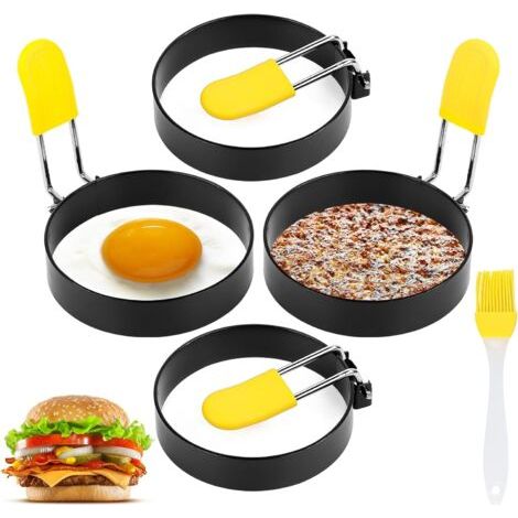 Set di 4 stampi per uova antiaderenti, rotondi e piatti con manico, in acciaio, per cucinare uova fritte. (1/5)