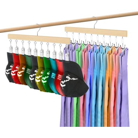 Organizador de sombreros de 2 piezas, organizador de leggings para armario, 20 clips, percha de madera giratoria de 360° para calcetines, mascarillas, toallas y guantes (natural) (1/5)