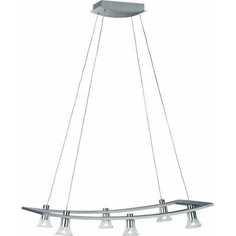 Lampada a sospensione 6 fiamme LED lampada da tavolo lampada a sospensione lampada da soggiorno, acciaio inox spazzolato, vetro, 6x 5W 6x200lm bianco caldo, LxH 71 x 160 cm, Massive 40596/48/10
