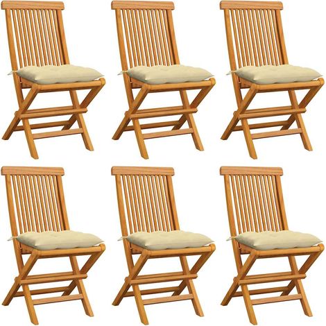 Lot de 6 Chaises de jardin avec coussins blanc crème - Chaise d'extérieur pour terrasse/jardin Teck massif BV433554 - BonneVie (1/5)