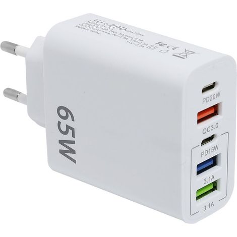 Chargeur USB C Rapide, 65W 5-Port Prise USB Multiple, Chargeur Rapide QC3.0 Multi Adaptateur pour i-Phone 14/13/12/11/XS/X, SAMS-ung Galaxy S23 S22 S21 (1/5)