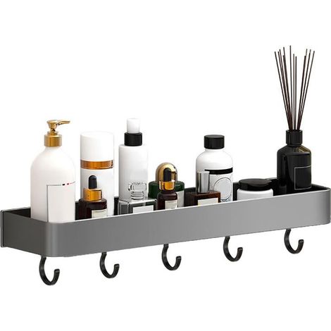 Étagères de rangement murales pour salle de bain, en aluminium, avec crochet. Étagère flottante grise de 30 cm de hauteur, à un seul niveau. (1/4)