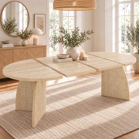 Table à manger extensible ovale 100/140/180x100x75 cm pour 4 à 8 personnes, plateau MDF effet bois, design moderne avec bords arrondis - Travertin (1/5)