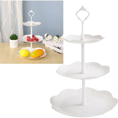 Plateau de service rond à 3 étages en plastique blanc, idéal pour les desserts, les gâteaux et les fruits. (1/5)