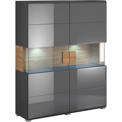 Petits-Meubles – Vaisselier 2 portes gris anthracite laqué et bois chêne – 2 portes vitrées avec éclairage LED – Dimensions 122 x 39 x 152 cm (1/5)