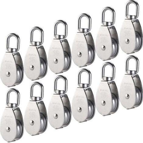 M15 304 Edelstahl-Einzelrolle, 15 mm Einzelrollen-Blockrolle, Kran-Drehhaken, glattes Drahtseil, Kabellast 77 lbs/35 kg (12 Stück)