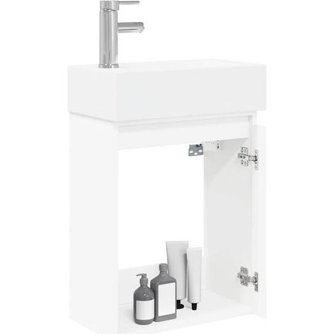 Meuble Salle de Bain avec Robinet, 45.5 x 22.5 x 84 cm, Armoire de Toilette Blanche Moderne avec Lavabo Intégré et Rangement, Meuble Vasque Compact pour Petit Espace (1/5)