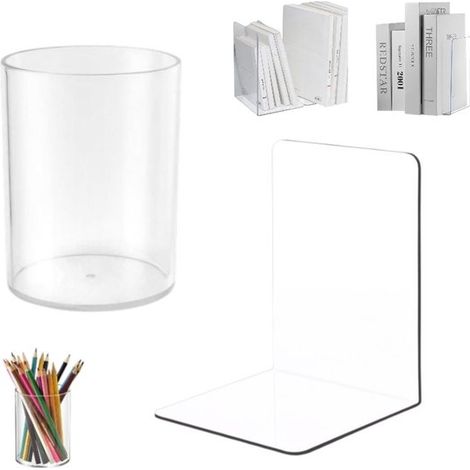Ensemble de 2 serre-livres et porte-stylo en acrylique transparent - Serre-livres - Porte-stylo en acrylique - Fabriqué en plastique antidérapant - Ensemble de rangement - Pour chambres, bibliothèques (1/5)