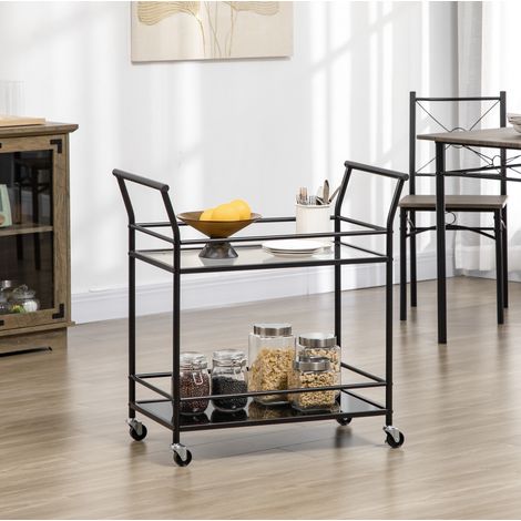 Carrito de cocina 75x40x80 cm negro de acero con 2 estantes de vidrio templado y ruedas con freno (1/5)