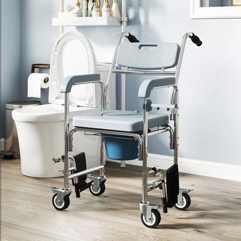 Chaise percée adulte mobile sur roues, fauteuil de douche avec repose-jambes, accoudoirs et dossier, 53x97x97cm, couleur gris. (1/5)