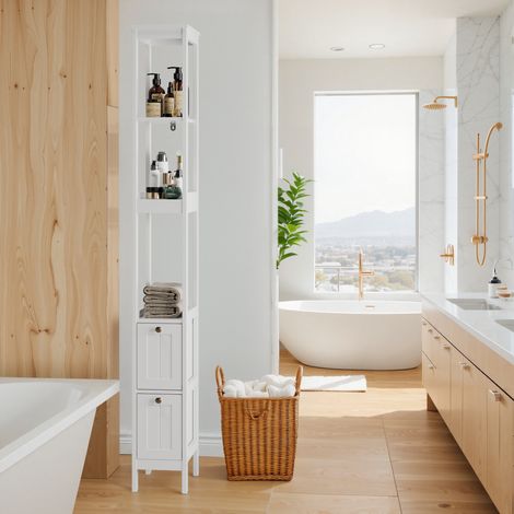 Meuble de salle de bain avec 2 tiroirs et 3 étagères, blanc, 20x30x160 cm, pour appartement et hôtel (1/5)