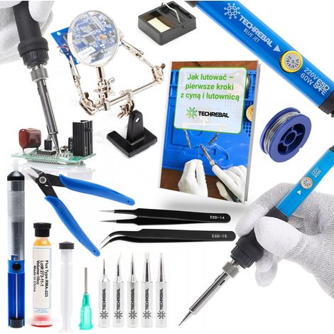 Saldatore Techrebal "Blue Jet" TBJ60W da 60W + 5 punte + terza mano + 2 pinzette + accessori