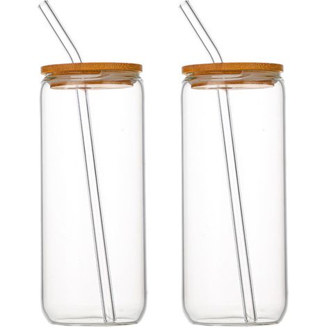 2 Verre borosilicate, paille en verre, couvercle bambou, tasse réutilisable 500 ml, pour café glacé et jus (1/5)