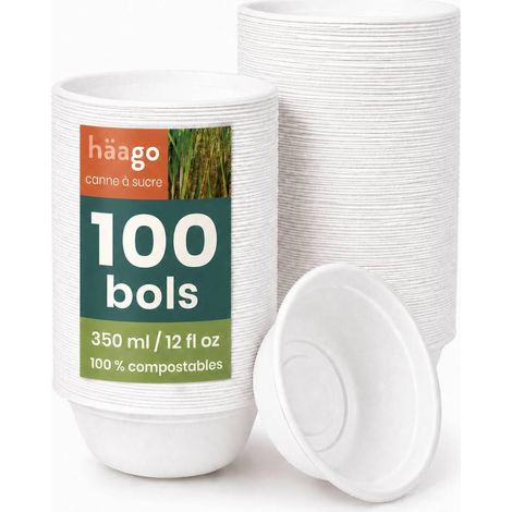 100 Bols Solides Compostables en Canne à Sucre (Bagasse), 350 ml / 12 oz – Bols Jetables Rigides, Anti-Graisse & Anti-Fuites – Pour Soupe, Salade, Dessert, Chaud & Froid, Buffet, Traiteur (1/5)