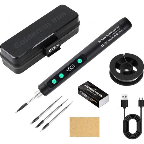 Kit de fer à souder sans fil portable rechargeable par USB avec écran LCD, température réglable, 3 pointes de soudure, pâte à souder, fil à souder, noir (1/5)