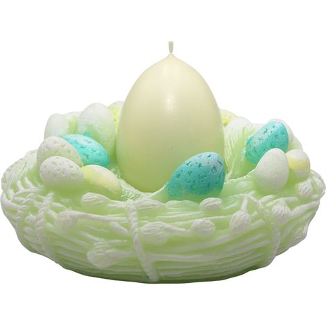 Bougie nid de Pâques en cire, nid d'oeuf vert en forme de tête d'oeuf, nid vert, emballage cadeau avec nœud jaune, 13 x 7 cm (1/5)