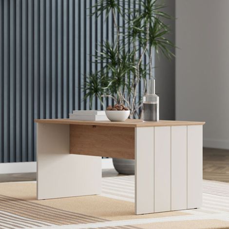 Wohnzimmertisch Pecor, rechteckig, Tischplatte Braun, Gestell Weiß, 90x50x47h cm Braun Eiche Knoten (1/5)