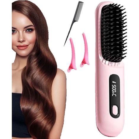 Cocoony Styling Brush for Short Hair, Portable Rechargeable Straightening Brush, with LCD Display, 3-Stage Temperature Control, 20-Second Fast Heating, for Daily Styling & Travel (Pink)