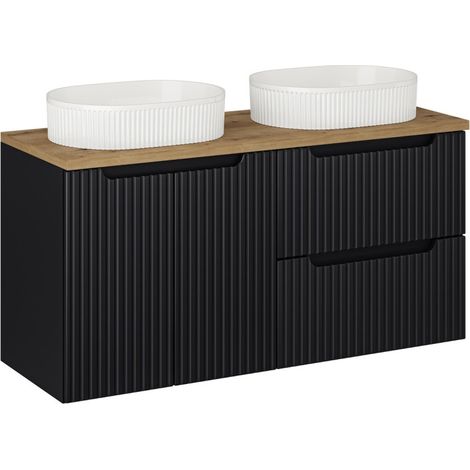 Meuble Double Salle de Bain 120 cm + 2 Vasques à poser + Plateau - 2 portes + 2 tiroirs - Astral Black - Livraison gratuite