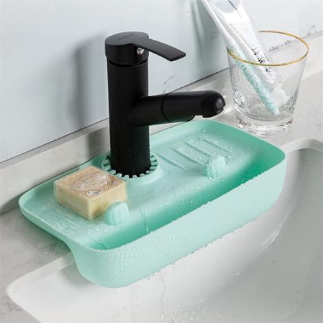 Alfombrilla de secado de silicona con asa para grifo y soporte para esponja, soporte para esponja de fregadero de cocina, alfombrilla de secado para encimeras de cocina y baño (azul) (1/5)
