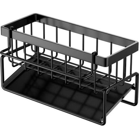 Organizzazione e stoccaggio in cucina: organizer per lavello in acciaio al carbonio con vassoio di scarico automatico per porta spugna, porta asciugamani, un accessorio ideale per il bagno - Nero. (1/5)