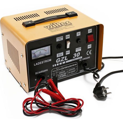 Wiltec – Chargeur de batterie 12V/24V automatique – Charge rapide jusqu'à 16Ah – Ampèremètre intégré – Câble avec pinces isolées (1/4)