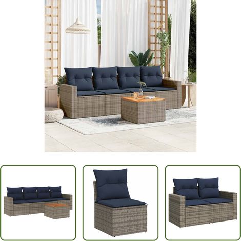 vidaXL Rattanmöbel - 5-tlg. Garten-Sofagarnitur mit Kissen Grau Poly Rattan (1/5)