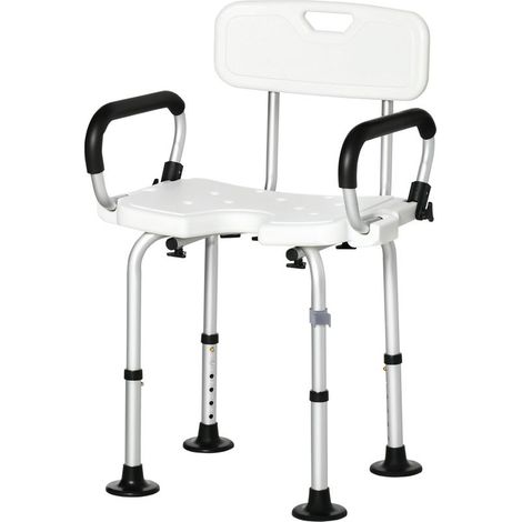 Chaise de douche, tabouret de douche réglable en hauteur avec dossier et accoudoirs rabattables, assise U, pieds antidérapants à ventouses, pour personnes âgées et handicapées, alu HDPE, blanc (1/5)