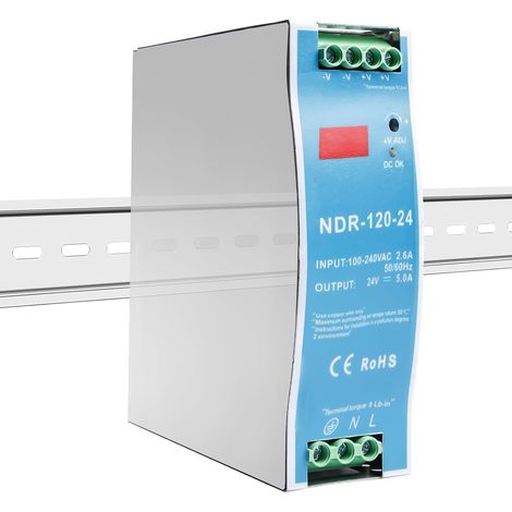 Alimentation sur rail DIN NDR-120-24, 24 V, transformateur 230 V vers 24 V, 5 A, 120 W, tension constante, bornes à vis, montage direct sur rail DIN. (1/5)
