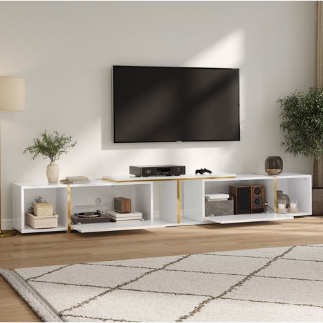 Meuble TV extensible 275x35x37 cm en panneaux de bois blanc, avec rangement pour salon FloraGrace (1/5)