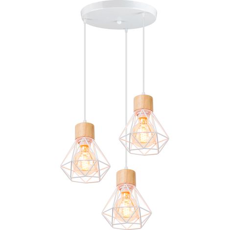 Retro Industriale Candelabro Jaula de Diamante de Hierro Lámpara Colgante 3 Luces Diseño de Madera Blanco